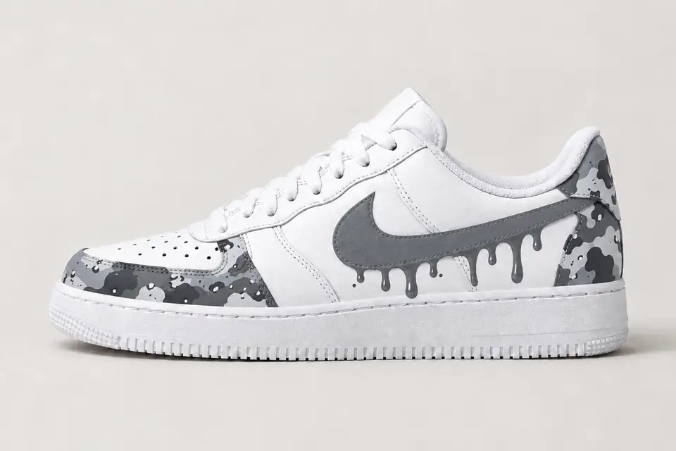 Air Force 1 Camouflage Drip coloris gris, vue de profil