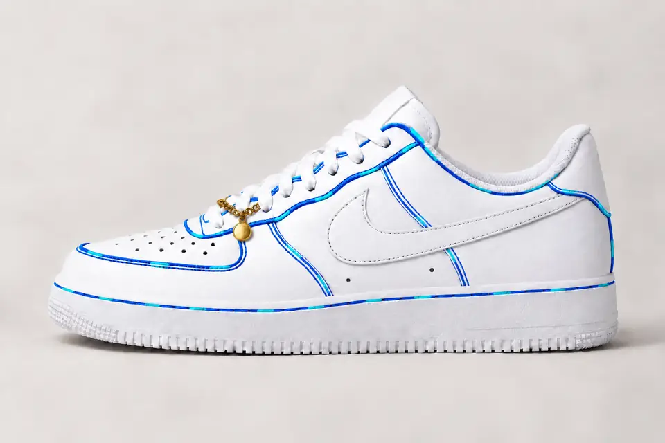 Air Force 1 Chaîne Or Contour coloris bleu et turquoise, vue de profil