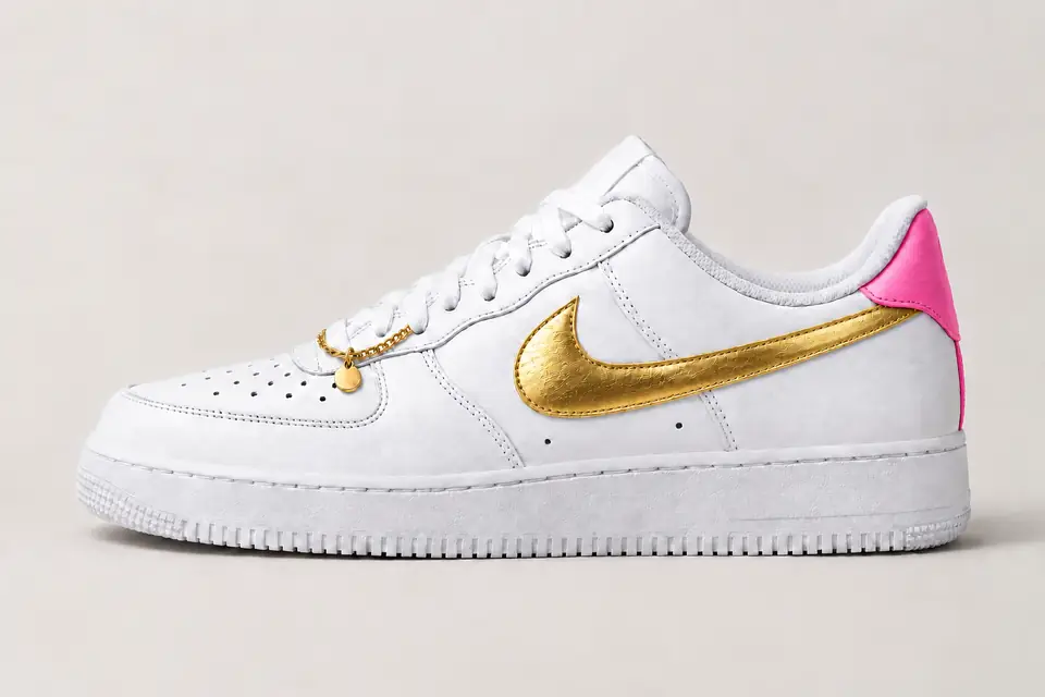 Air Force 1 Chaîne Or Talon Peint coloris or et rose, vue de profil