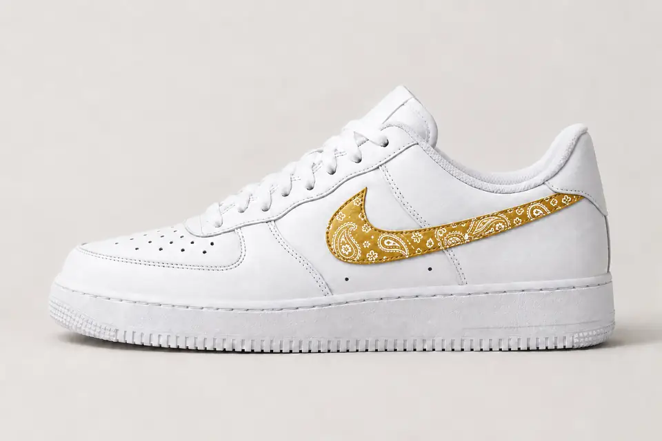 Air Force 1 Paisley Swoosh coloris or, vue de profil