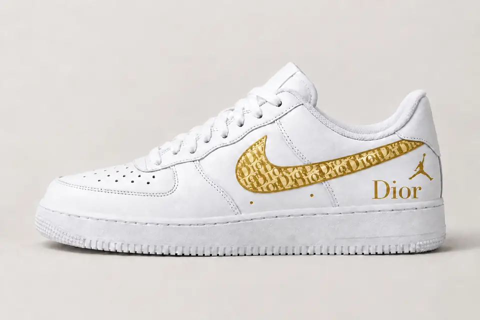 Air Force Jordan Dior coloris or, vue de profil