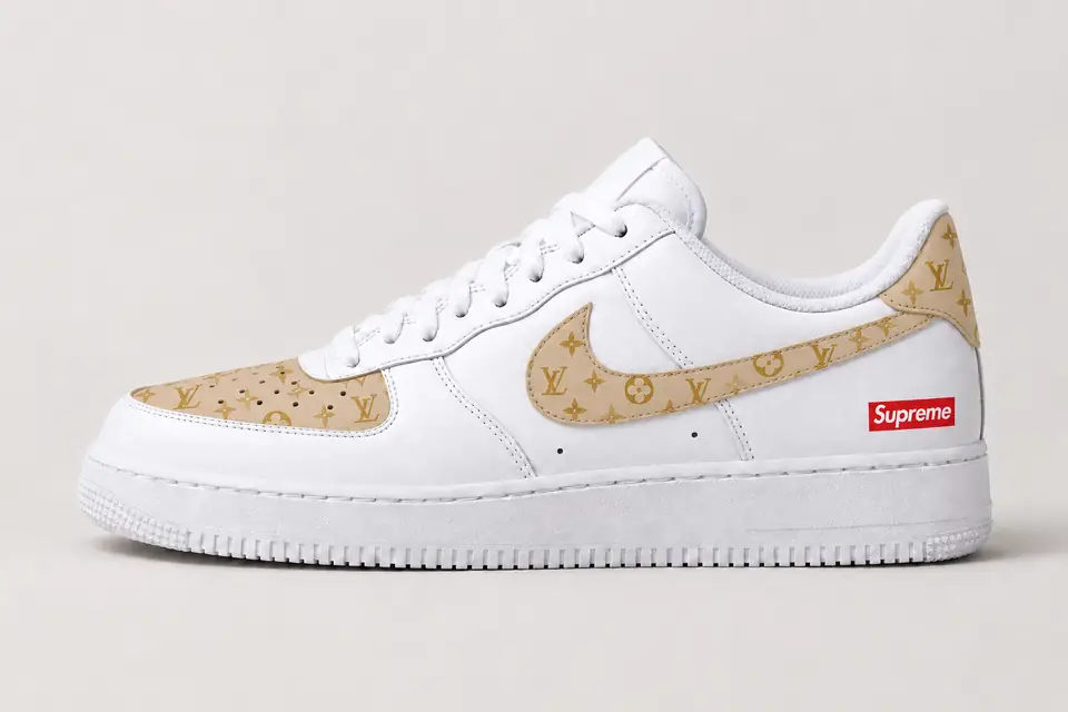 Air Force Louis Vuitton Supreme coloris beige, vue de profil