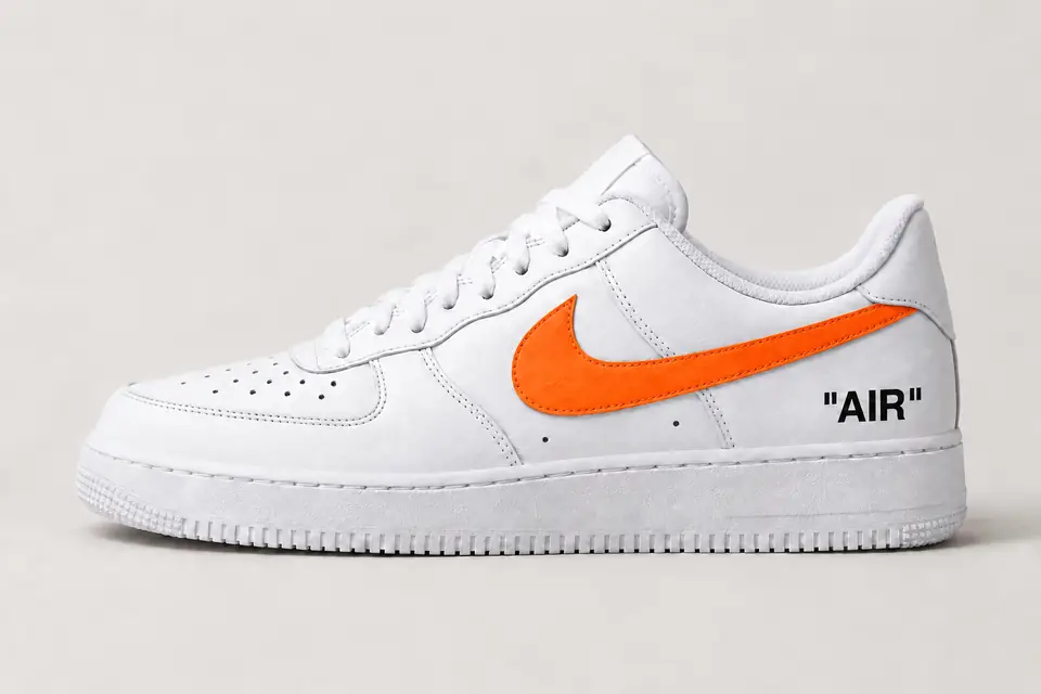 Air Force Off-White Jaune Swoosh Peint coloris noir et orange, vue de profil