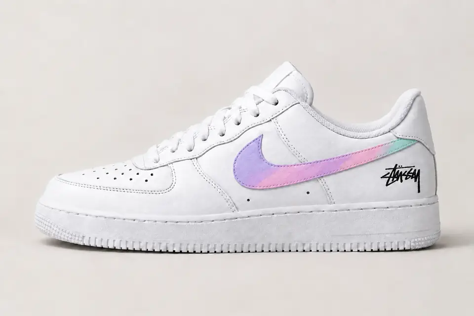 Air Force Stüssy Noir Minimal coloris pastel et rose, vue de profil