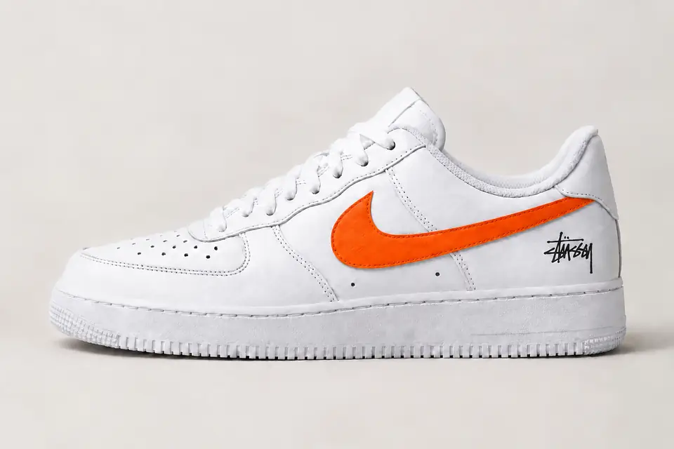 Air Force Stüssy Noir Swoosh Peint coloris blanc et orange, vue de profil