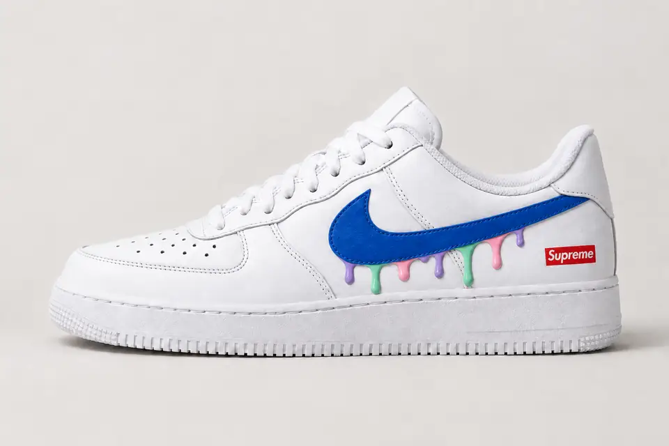 Air Force Supreme Noir Drip coloris bleu et pastel, vue de profil