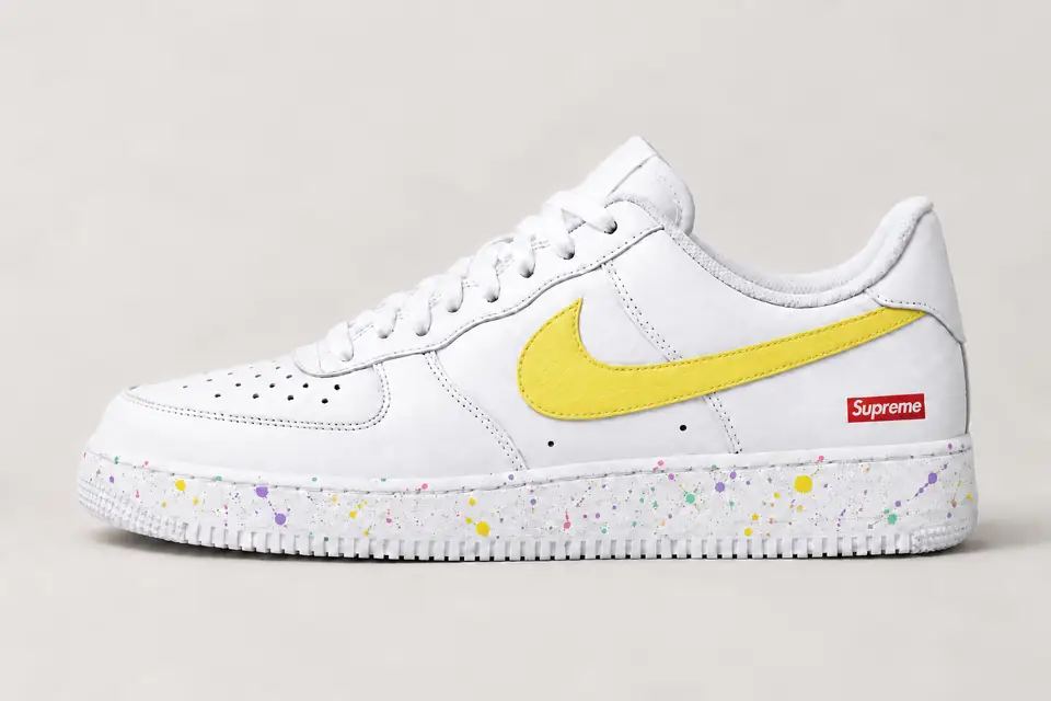 Air Force Supreme Noir Splash 2 coloris jaune et pastel, vue de profil