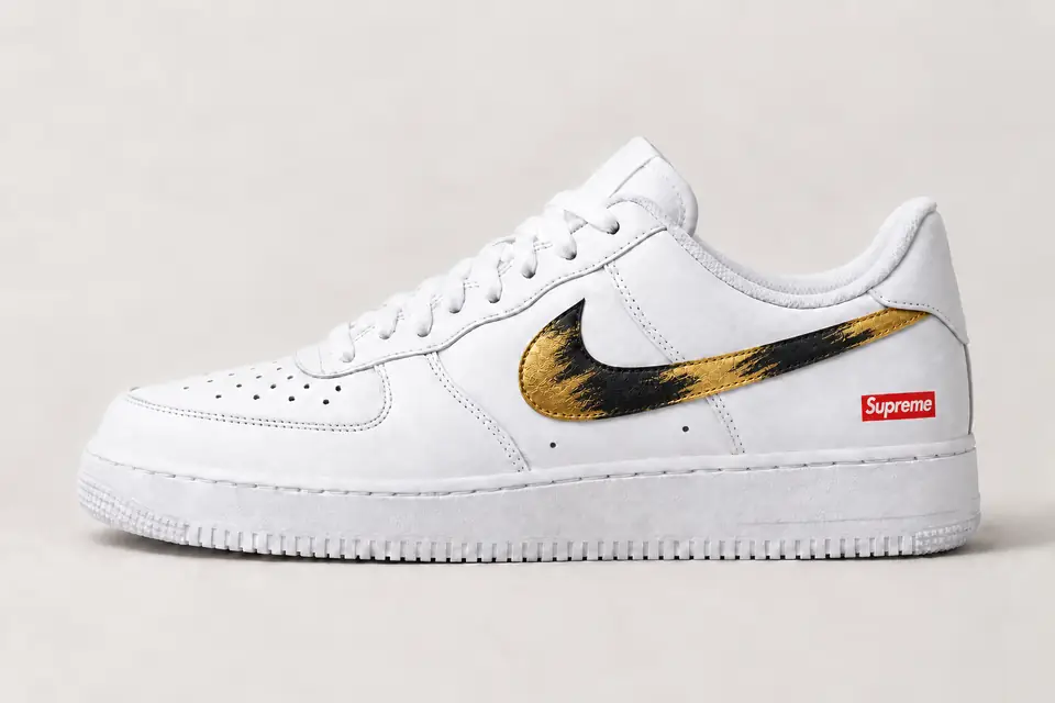 Air Force Supreme Noir Swoosh Peint coloris noir et or, vue de profil